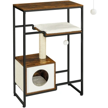 Katzenbaum mit einer Holzoberfläche, plüschigem Regal, Kratzbaum und einem gemütlichen Versteck mit einem runden Eingang, ausgestattet mit hängenden Pompons.