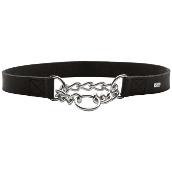 Schwarzes Lederhalsband für Hunde mit einer Metallkette und einem Ring, mit einem kleinen "HUNTER"-Logo auf einer Seite.