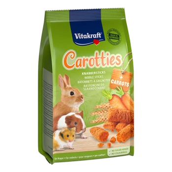 Vitakraft Carotties Knabbersticks für Nagetiere, mit einem Kaninchen und einem Meerschweinchen auf der Verpackung, mit einem 'Kein Zucker hinzugefügt'-Label.
