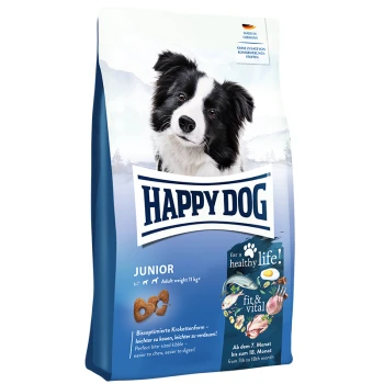 Happy Dog Junior Hundefutterbeutel mit einem Border Collie, der "gesundes Leben" und "fit & vital" für Hunde von 7 bis 18 Monaten fördert.