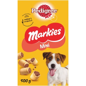 Emballage de friandises pour chiens Pedigree Markies Mini, avec un fond jaune vif, avec des images de friandises roulées et un chien. 500 g.
