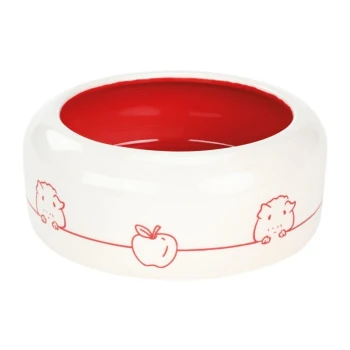 Biała miska na jedzenie dla zwierząt z czerwoną wnętrznością, z uroczymi czerwonymi ilustracjami jeży i jabłka po bokach.