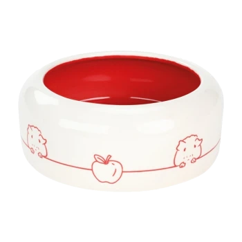 Een witte huisdierenvoederbak met een rode binnenkant, met schattige rode illustraties van egels en een appel langs de zijkant.