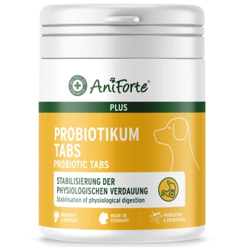 Behälter mit AniForte Probiotika-Tabletten für Hunde, mit einem gelben Etikett, das Informationen zur Verdauungsgesundheit in Deutsch und Englisch enthält.