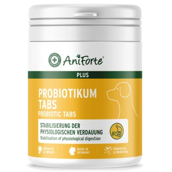 Behälter mit AniForte Probiotika-Tabletten für Hunde, mit einem gelben Etikett, das Informationen zur Verdauungsgesundheit in Deutsch und Englisch enthält.
