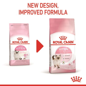 Two pink Royal Canin kitten food bags (old and new design) with red arrow; text "NEW DESIGN, IMPROVED FORMULA"