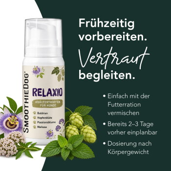 SmoothieDog RELAX10 Kräutertropfen-Flasche für Hunde, Kräuter abgebildet, deutscher Text 'Frühzeitig vorbereiten. Vertraut begleiten.'