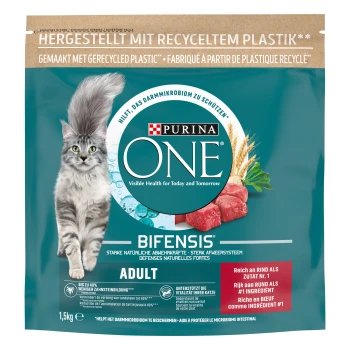 Die Verpackung des Purina ONE Bifensis Katzenfutters zeigt eine graue Katze und hebt "Sichtbare Gesundheit für heute und morgen" hervor, mit Rindfleisch als Hauptzutat.