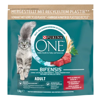 Sac de nourriture pour chats Purina ONE Bifensis mettant en avant un chat gris, soulignant "Visible Health for Today and Tomorrow," avec du bœuf comme ingrédient principal.