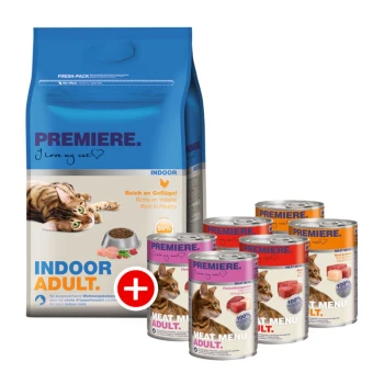 Adult Mischfütterung Set 2tlg.1 Hundefutterverpackung mit einem blauen Beutel mit der Aufschrift "PREMIERE INDOOR ADULT" und einem Katzenbild, neben Dosen von "MEAT MENU ADULT."
