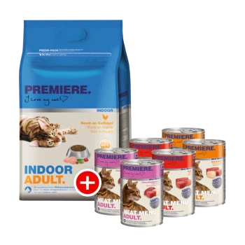 Hundefutterverpackung mit einem blauen Beutel mit der Aufschrift "PREMIERE INDOOR ADULT" und einem Katzenbild, neben Dosen von "MEAT MENU ADULT."