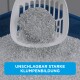Eine weiße Schaufel gefüllt mit grauem Katzenstreu, mit einem blauen Hintergrund, der den Text "UNSCHLAGBAR STARKE KLUMPENBILDUNG" zeigt.