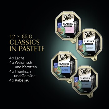 Sheba Classics Haustierfutterpackung mit 12 Behältern (je 85g) in Lachs, Weißfisch mit Karotten, Thunfisch mit Gemüse und Kabeljau.