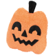 Plush orange pumpkin-shaped pet toy with black stitched jack-o'-lantern face and black stem.