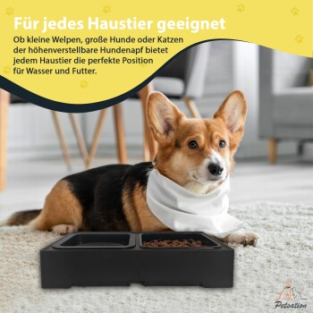 Ein Corgi mit einem weißen Schal liegt neben einer schwarzen erhöhten Futterschüssel mit Futter in einem gemütlichen Wohnzimmer. Text: "Für jedes Haustier geeignet."