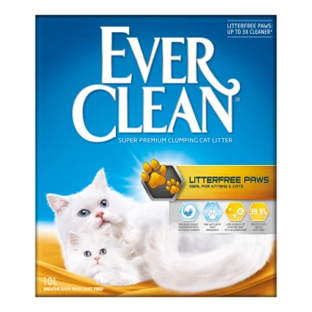 LitterFree Paws Katzenstreu 10 l Ever Clean Super-Premium-Katzenstreu-Verpackung mit zwei weißen Kätzchen, mit Text, der 'Litterfree Paws' und '99,9% staubfrei' hervorhebt.