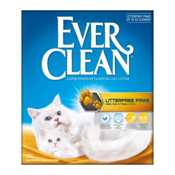 Ever Clean Super-Premium-Katzenstreu-Verpackung mit zwei weißen Kätzchen, mit Text, der 'Litterfree Paws' und '99,9% staubfrei' hervorhebt.