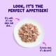 Shredded wet pet food on plate on purple background with "LOOK, IT'S THE PERFECT APPETISER!" and small captions