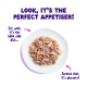 Shredded wet pet food on plate on purple background with "LOOK, IT'S THE PERFECT APPETISER!" and small captions