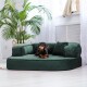Ein schwarz-brauner Dackel, der auf einem plüschigen grünen Hundebett mit zwei kleinen Kissen entspannt, umgeben von Zimmerpflanzen und hellem natürlichem Licht.