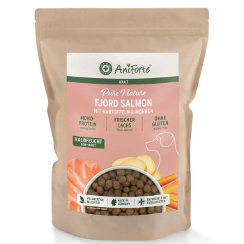 Hundefutterbeutel mit der Aufschrift 'AniForte PureNature FjordSalmon', der Lachs und Kartoffeln zeigt, mit einer Hundillustration und dem Gewicht '2 kg'.