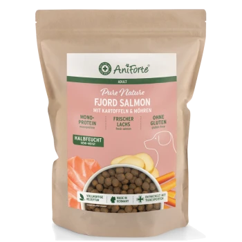 Hundefutterbeutel mit der Aufschrift 'AniForte PureNature FjordSalmon', der Lachs und Kartoffeln zeigt, mit einer Hundillustration und dem Gewicht '2 kg'.