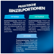 Blaue Tierfuttergrafik: 'PRAKTISCHE EINZELPORTIONEN' mit Labels 'mit Kabeljau', 'mit Thunfisch', 'mit Scholle' und deutschem Zutatenhinweis.