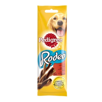 Verpackung von Pedigree Rodeo Hundeleckerlis mit einem glücklichen Golden Retriever, mit Text, der "Omega 3, Vitamine, Mineralien" hervorhebt.