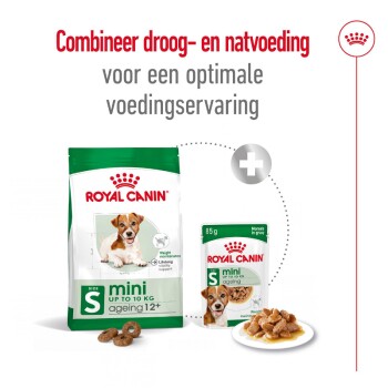 Royal Canin mini hondenvoeding verpakking, met droogvoer voor kleine honden van 12 jaar en ouder, met een suggestie om droog- en natvoer te combineren voor optimale voeding.