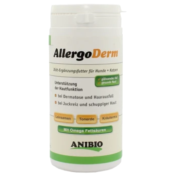 Behälter mit Allergoderm-Nahrungsergänzungsmittel für Hunde und Katzen, das die Hautgesundheit fördert, mit Text über Vorteile und Inhaltsstoffe.