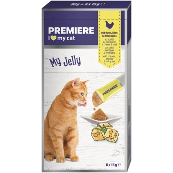 PREMIERE I ♥ my cat My Jelly-Packung; rotgetigerte Katze leckt Gelee aus einer Tube; gelbes Etikett mit der Aufschrift 'mit Huhn, Käse & Katzengras'.