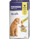PREMIERE I ♥ my cat My Jelly-Packung; rotgetigerte Katze leckt Gelee aus einer Tube; gelbes Etikett mit der Aufschrift 'mit Huhn, Käse & Katzengras'.