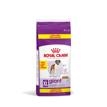Royal Canin XL Giant Adult Hundefutterbeutel, 15 kg + 3 kg Gratisangebot, mit einem großen Hundebild und dem Text "Gesunde Gelenke".