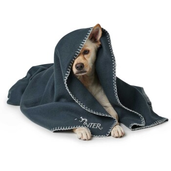 Ein gemütlicher Hund, eingewickelt in eine dunkelgraue Decke mit weißen Nähten, schaut neugierig in die Kamera.