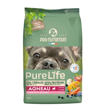 Grüne Pro-Nutrition PureLife Hundefuttertüte, Foto eines blauäugigen Hundes; Saumon / mit Lachs, 0% Getreide, 85% Protein, 12 kg