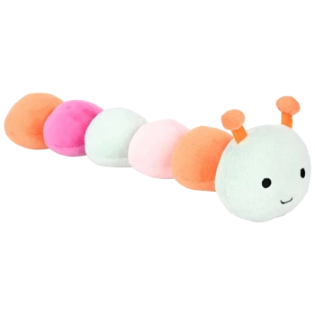 Buntes Plüschraupen-Spielzeug mit einem lächelnden Gesicht und Antennen, mit Segmenten in Orange, Pink, Grün und Weiß.