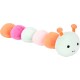 Colorful plush caterpillar toy with a smiling face and antennae, featuring segments in orange, pink, green, and white.