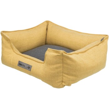 Gelbes Haustierbett mit einem grauen Kissen, mit einem Etikett, das "homeEdition" liest.