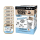 Schachtel und sechs Schalen DOGS'n TIGER Freigeist Adult-Katzenfutter, 6×100g — Huhn mit Lachs & Möhre, 'Fleischmahlzeit', 70%.