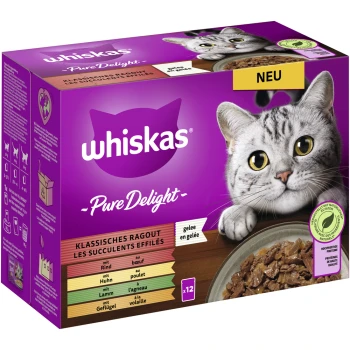 Pure Delight Multipack Klassisches Ragout in Gelee 12 x 85g Whiskas Pure Delight Katzenfutterbox mit einer grauen getigerten Katze, die Rind, Huhn, Lamm und Geflügelgeschmack zeigt, "NEU" hervorgehoben.
