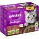 Whiskas Pure Delight kattenvoer doos met een grijze tabby kat, met rundvlees, kip, lam, en gevogelte smaken, "NEU" benadrukt.