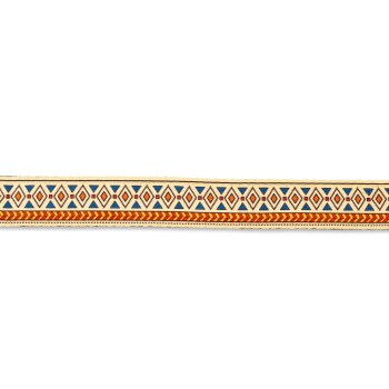 Bunt gemustertes Haustierhalsband mit geometrischen roten, blauen und orangefarbenen Rauten auf beigem Hintergrund.