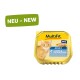 Neue MultiFit Katzenfutter-Paste für Erwachsene, mit einer goldenen Verpackung und einem Bild einer orangefarbenen Katze, beschriftet mit "Lachs & Joghurtkern."