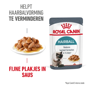 Royal Canin haarbal kattenvoer verpakking met een bord natvoer, met tekst: "Helpt haarbalvorming te verminderen" en "Fijne plakjes in saus."