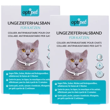 Zwei Schachteln OptiPet Floh- und Zeckenhalsbänder für Katzen, mit mehrsprachigem Text und Symbolen, die reflektierende und wasserabweisende Eigenschaften anzeigen.