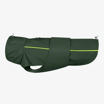 Grüne wasserdichte Hundejacke mit einem gelben reflektierenden Streifen, mit einem Reißverschluss und einer engen Passform für Wärme.