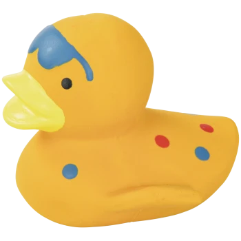 Yellow rubber duck with yellow beak, black eye, blue paint splash on head and red and blue polka dots.