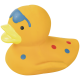 Gelbe Gummiente mit gelbem Schnabel, schwarzem Auge, blauem Farbspritzer auf dem Kopf und roten sowie blauen Punkten.