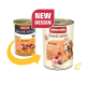 Zwei Dosen Animonda GranCarno Hundefutter für ausgewachsene Hunde mit Pute, altes und neues Design mit „NEUES DESIGN“-Etikett.