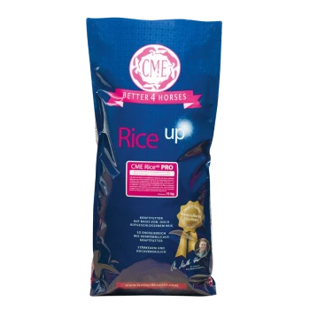 CME Rice up Pferdefutterbeutel, 15 kg, mit einem blauen Hintergrund und pinken Akzenten sowie dem Text 'Better 4 Horses' und 'CME Rice up PRO.'